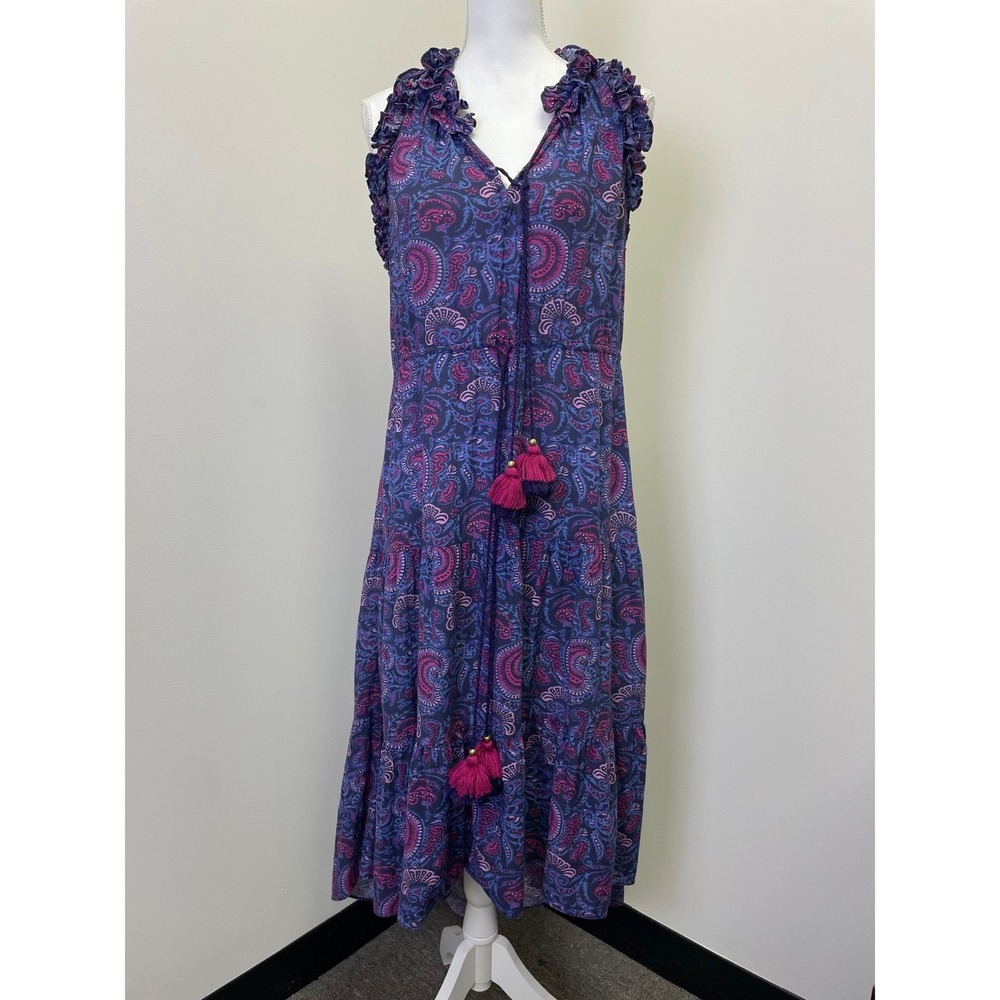 Figue Purple Pink Paisley Tiered Ruffle Midi Dress Tassels Womens Large L Boho